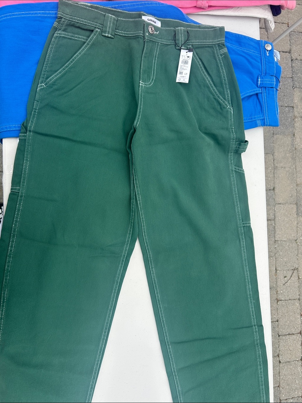 Garage Green Carpenter Pants with White Topstitching
